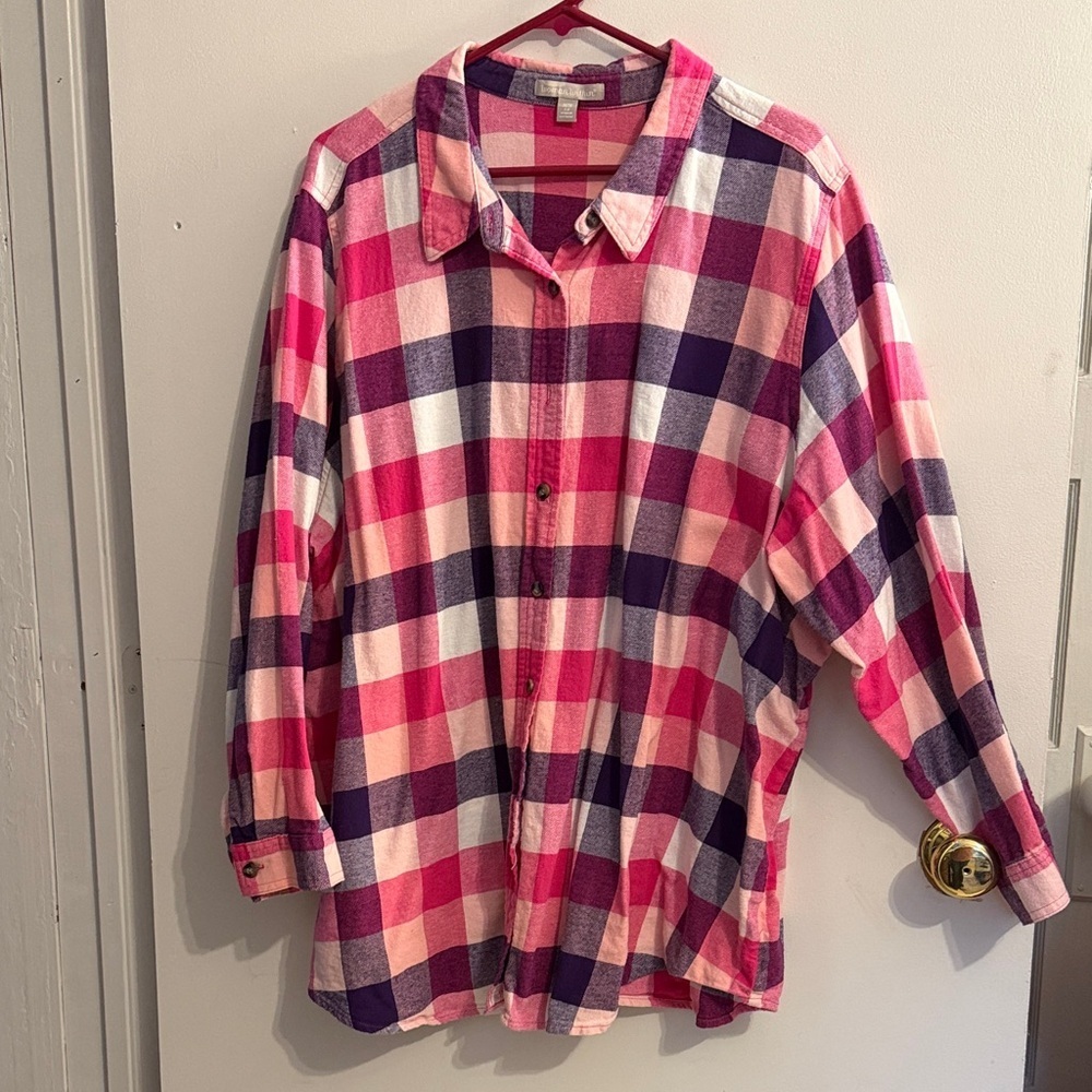 Woman Within 2X Flannel cozy and cute Pink and Purple Checkered Shirt